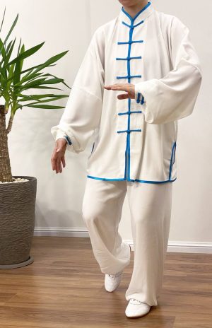 لباس تای چی سفید دکمه ابی