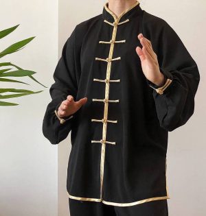 لباس تای چی مشکی دکمه طلایی